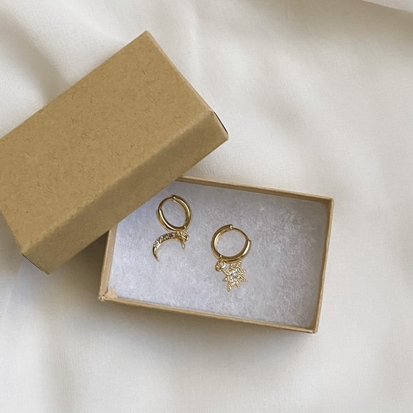 Gold S925 Northern Star Moon Huggie Hoop Earrings - Picture 8 of 9